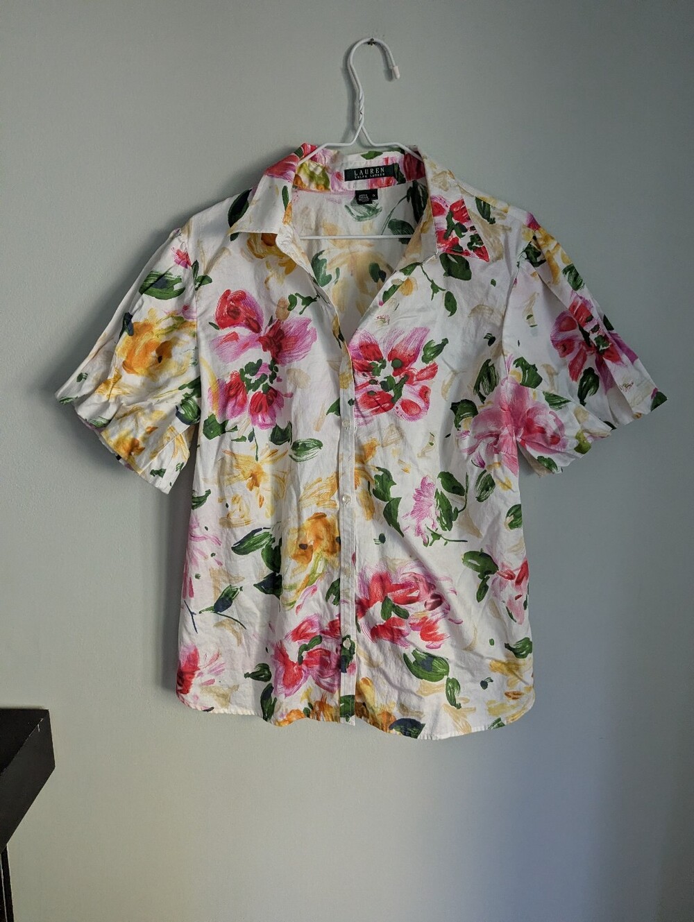 Lauren Ralph Lauren Women's 1X Multi Floral Button Up Blouse Folded Puff Sleeves